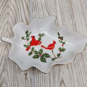 Lefton‎ China Cardinal Leaf Trinket Dish White Red Christmas Holly 04541 1984